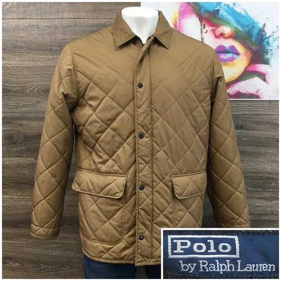 Vintage Polo Ralph Lauren Quilted Barn Jacket Tan Full Zip Collar Pockets Mens L