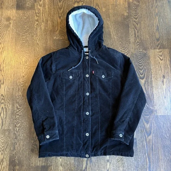 Levi Strauss Sherpa Lined Corduroy Jacket Mens L Hooded Black Trucker Workwear