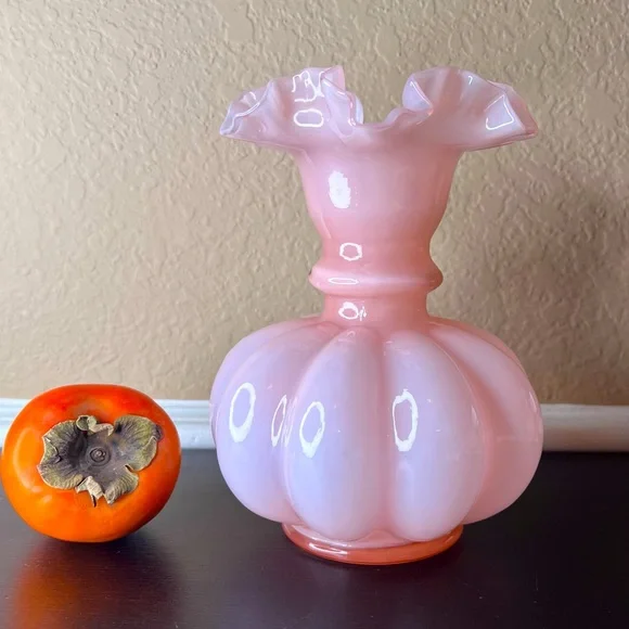 Vintage Fenton Art Glass 8” Dusty Rose Pink Overlay Melon Vase w Double Crimped