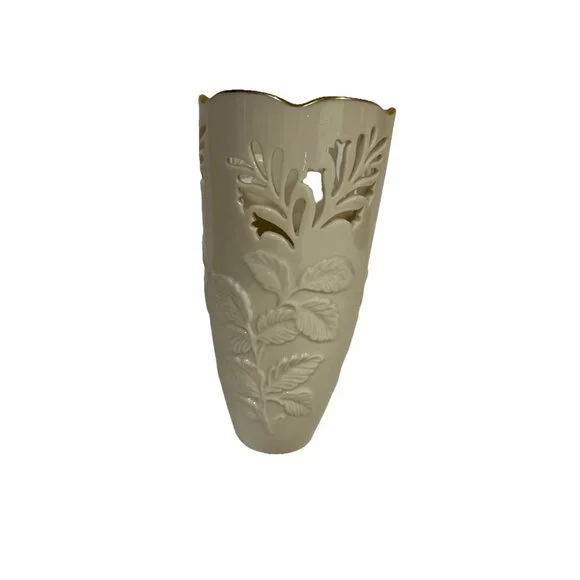 Lenox Westbury Vase  Embossed Leaf Pierced Cutout Ivory Gold Trim 6 7/8