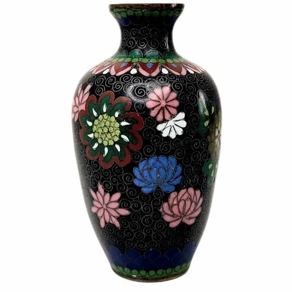 Antique Chinese Black‎ Pink Green Floral Peony Cloisonné Vase