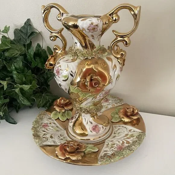 Vintage Capodimonte Vase Plate Set Italian Ornate Porcelain 12” MCM Handles Gold
