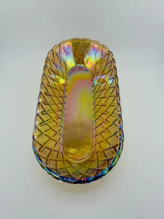 Vintage Marigold Iridescent Carnival Glass weave pattern dish