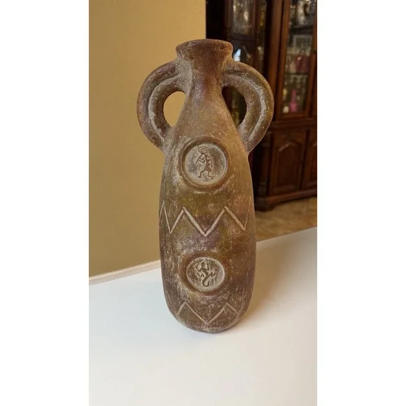 Vintage Clay Pot Pottery Cocopelli And Lizard‎ Medallions Amphora Jug