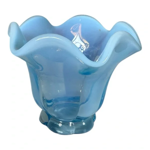 Opalescent‎ Blue Ruffled Glass Vase