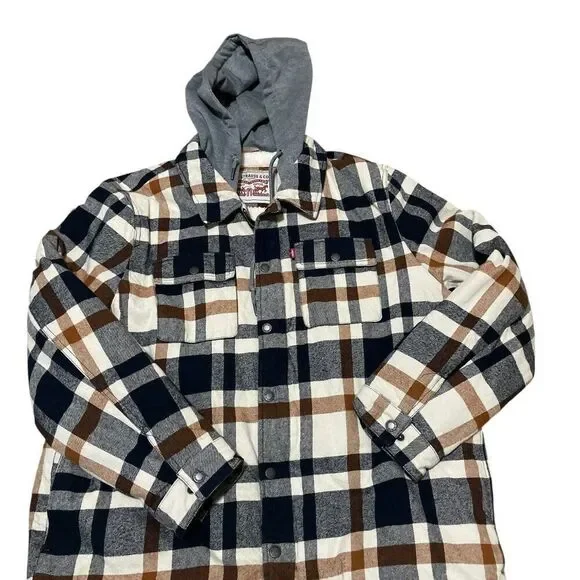 Levis Men's Cotton Plaid Sherpa Lined Shacket W/Hood  Size XL