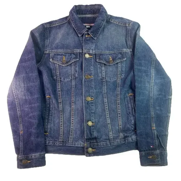 Tommy Hilfiger Denim Trucker Jacket Mens Distressed Blue Medium Wash Size medium