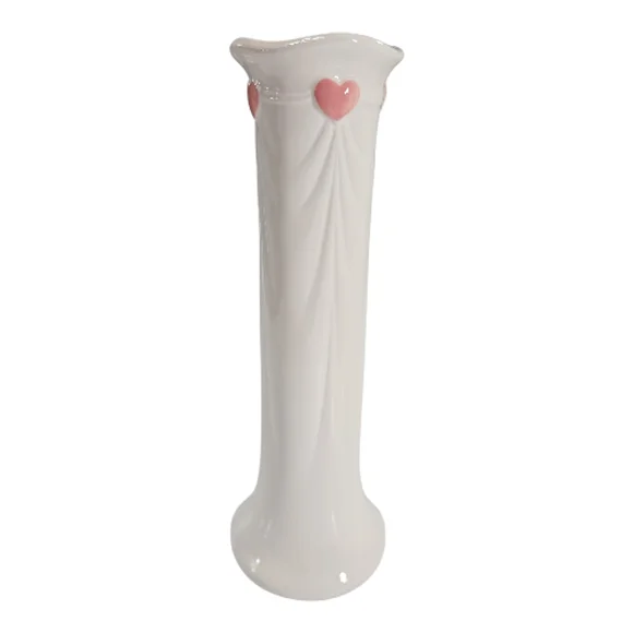Vintage FTDA 1985 White Bud Vase Pink Hearts Romantic Floral Home Decor