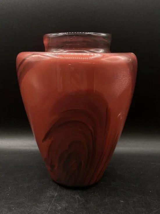 2005 Art Glass Artist Signed Dayne L Large Red Swirl Vase Vintage 8.5”