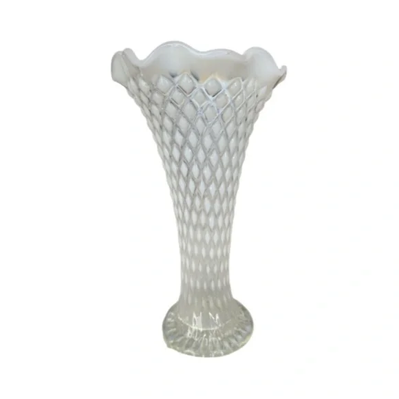 Northwood Glass Diamond Point EAPG Swung Ruffled Vase, Opalescent White ca. 1900