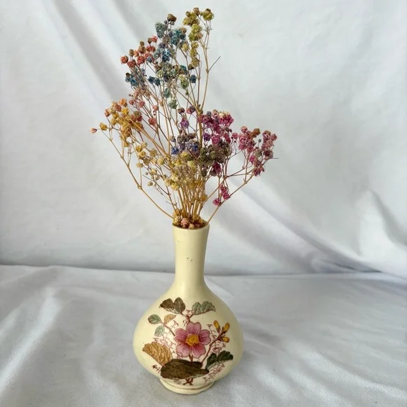 Vintage ceramic handmade painted floral vase gilded gold home decor cream
