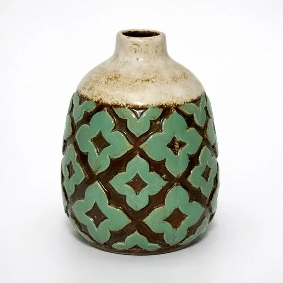 Textured Teal Brown Ceramic Bud Vase Geometric Quatrefoil Boho MCM 6.5 Inch