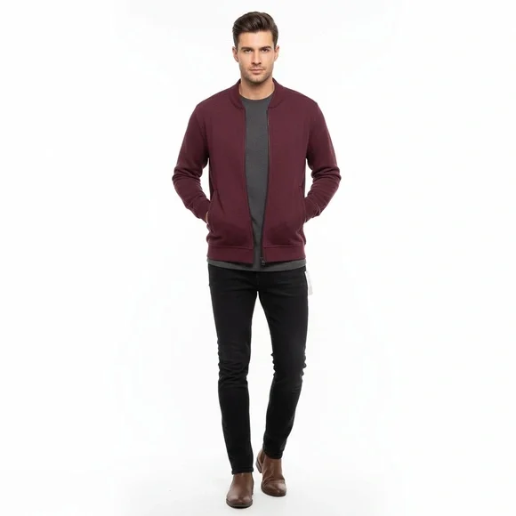 Tasso Elba Maroon Knit Full Zip Stand Up Collar Ribbed Jacket Size XL