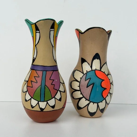 Vintage Native American Pottery Vases Handmade‎ Vibrant Colorful Jemez Folk Art