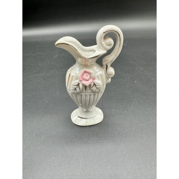 Porcelain‎ Miniature Pitcher Vase with Rose Relief Made in Japan Gold Trim