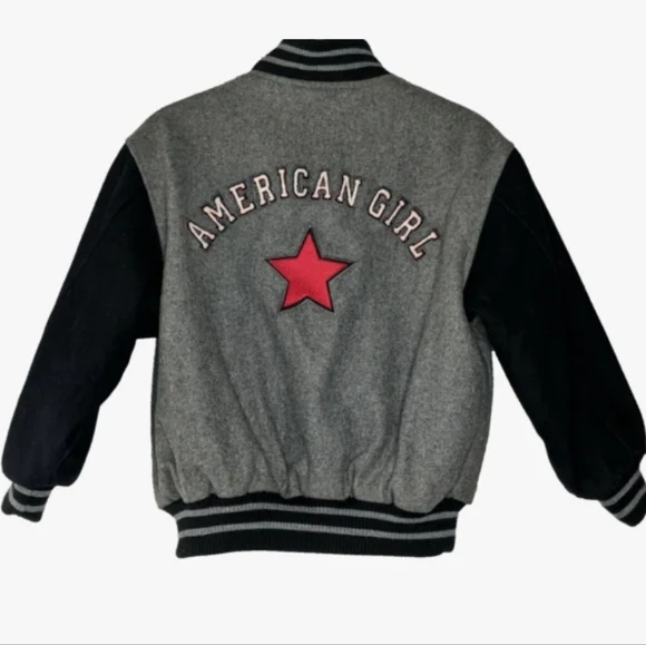 American Girl Varsity Jacket Embroidered Logo Gray Black Wool Blend Girls MEDIUM