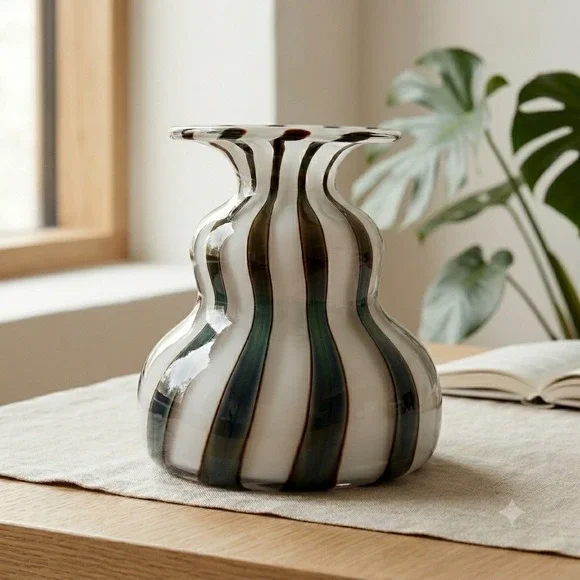 Vintage Iittala Nuutajarvi Markku Salo Striped Art Glass Vase Signed Finland
