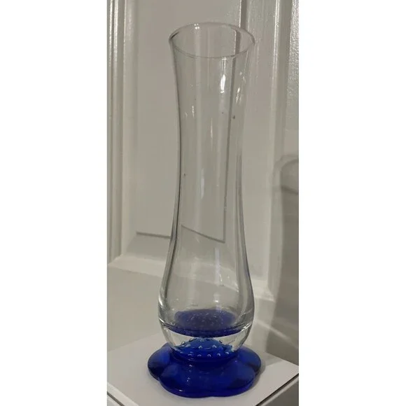 Bormioli Rocco Italy, Blown Glass Vase, Blue Flower Shaped Foot