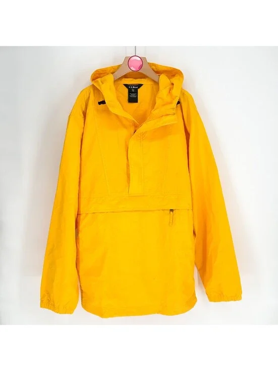 LL Bean Vintage Anorak Windbreaker Yellow Hooded Parka Outdoor USA Mens XXL
