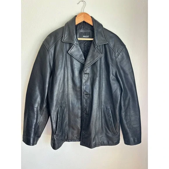 BKE 67‎ Mens Black Genuine Leather Button Front Quilted Lined Car Coat Jacket M