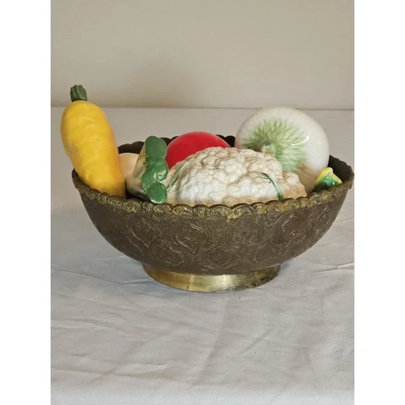 Vintage Etched Brass Bowl with Ceramic Vegetables Centerpiece Decor Set