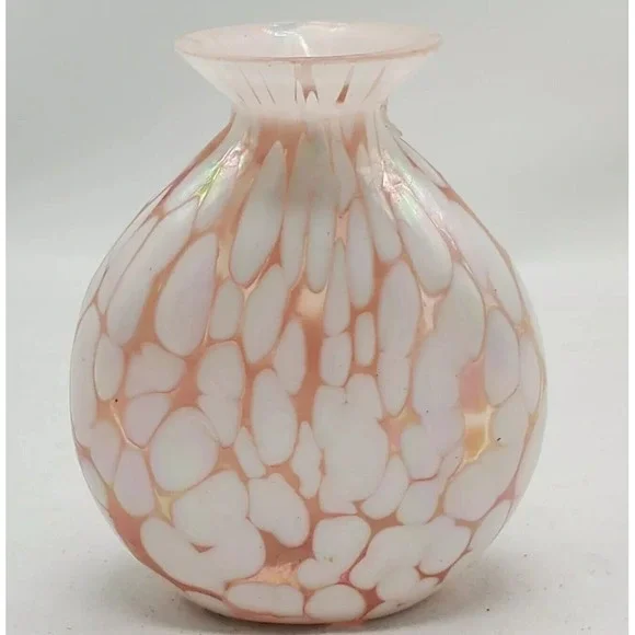 Silvestri Mouth Blown Glass Iridescent Deco Pink/White Vase VINTAGE‎