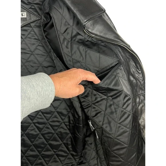 Tibor Mens Vintage Black Leather Car Coat Zip Out Thermal Lining Large