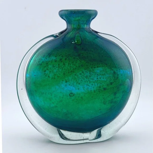 Mdina Glass Malta Turquoise Green Bullicante Art Glass Round Flat Disc Vase