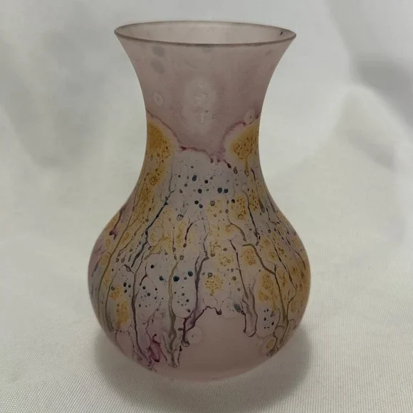 Israeli Hand Painted Art Glass Bud Vase Pink Gold Drip Boho Cottagecore Vintage‎