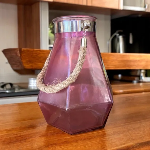 Pinkish Purple Geometric Glass Vase with Rope Handle