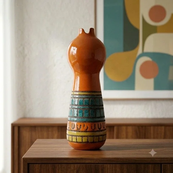 Global Views Italian Pottery Vase Orange Geometric Art Pottery 16 Inch