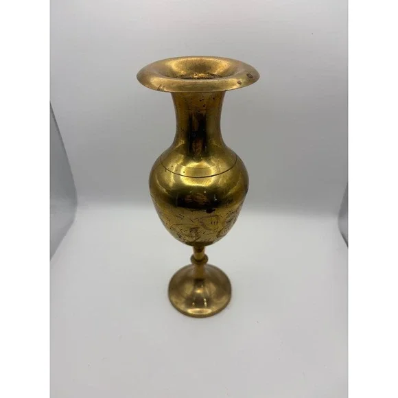 Vintage Brass Vase Etched Palm Trees Golf Clubs Goblet Style