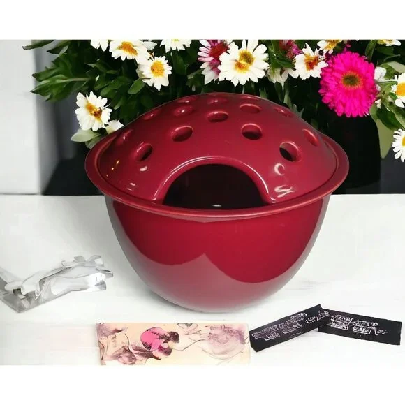 Flower Floral Glazed Ceramic Plant Pot with Frog Lid Burgundy / Maroon Vase Bowl