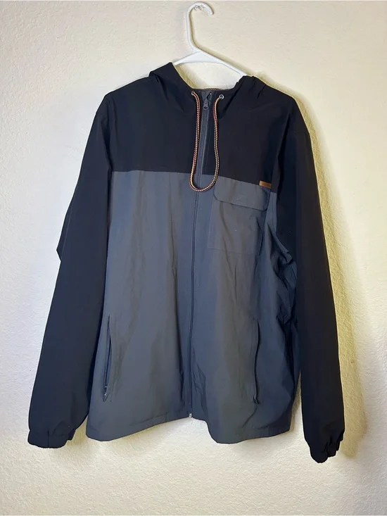 Voyager Men's Two‎ Tone Hooded Zip Front Light Rain Jacket Black Gray XL Outdoor