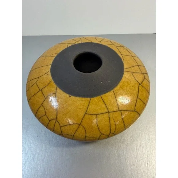 Lily Yellow Crackle Glaze Studio Pottery Vessel‎ Vase with Matte Black Rim