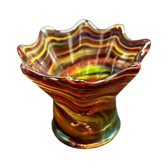 Hand Blown Art Glass Mini Vase Ruffled Star Rim Multicolor Striped 3.5 Inch