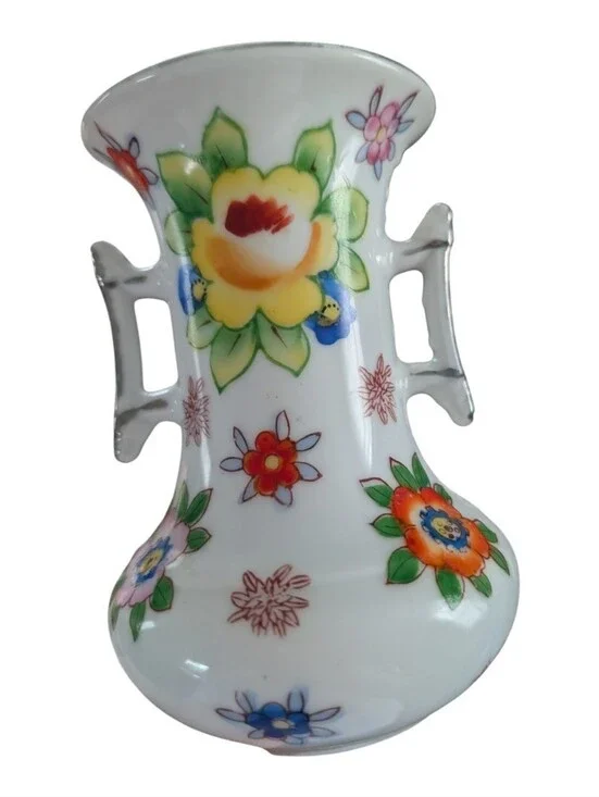 Red Letter Japan Porcelain, 2 Handled Vase , Hand Painted Floral Design