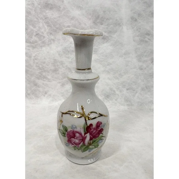 Vintage Chase Japan Porcelain Bud Vase Rose Floral Gold Gilt 6.65