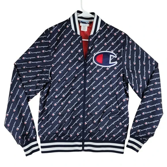 VTG Champion Script Logo Windbreaker Jacket Mens S Navy Blue‎ Varsity Streetwear