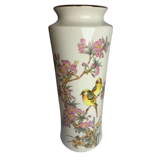 Vintage Kyoto Fine China Japan Flower Vase Pink Cherry Blossom  Gold Rim