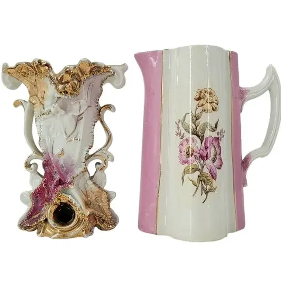 Coquette Pink Gilded Vase Pitcher Lot‎ Romantic Cottagecore Vintage Shabby Chic