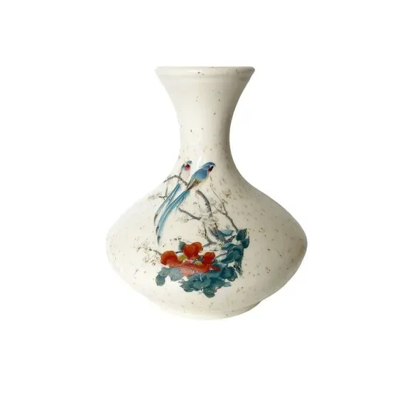 Vintage Speckled Ceramic Bird Floral Scene Small Vase