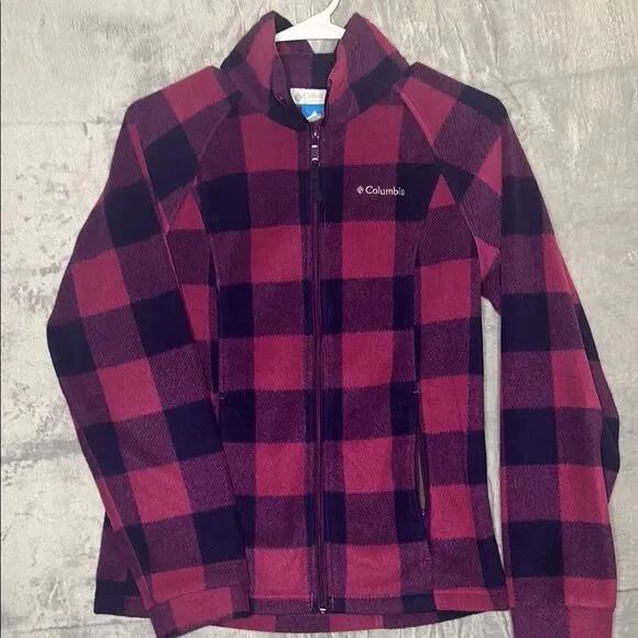 Columbia Pink Purple Plaid Patchwork Full Zip Soft Fleece Jacket Size 14/16