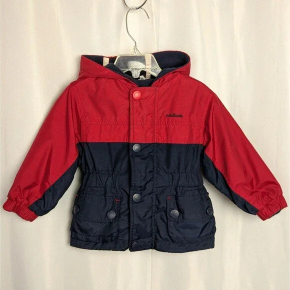 Vtg Oshkosh Reversible Fleece Puffer Red Blue Snap/Zip Up Hooded Jacket Boys 2T