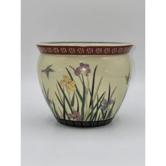 Vintage Asian Floral Ceramic Planter Bowl‎ Birds Flowers 4.25