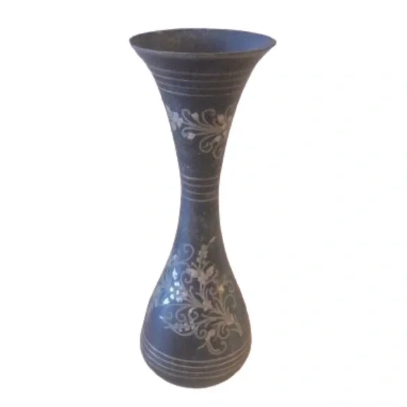 BLACK PAINTED BRASS VASE W GOLD ETCHED FLORAL DESIGN • 8” x 3” • VINTAGE