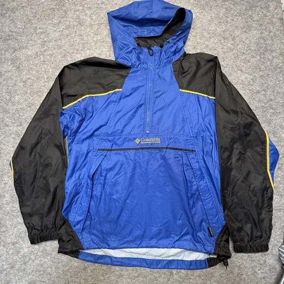 Columbia Packable Anorak Mens M Blue Black Hooded Windbreaker Jacket