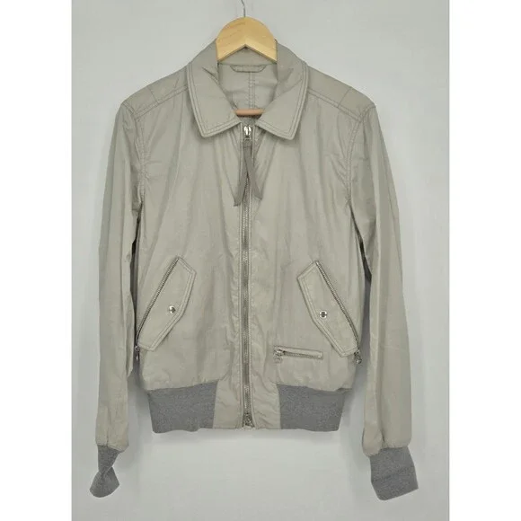 Lanvin Luxury 100% Cotton Beige/Gray Bomber Jacket Snap/Zip Pockets Mens S-M