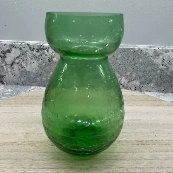 Vintage MCM Green Crackle Glass Hourglass Vase Hand Blown Art Glass 6 inch