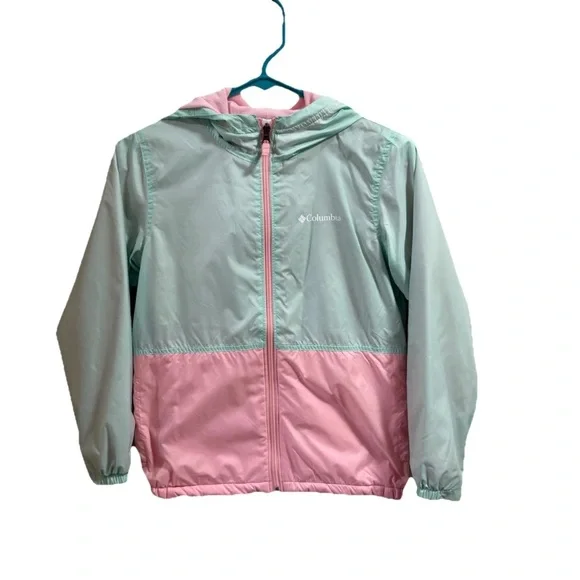 Girls Columbia Fleece Lined Hooded Windbreaker Jacket Sz 10-12 Pink Green Spring